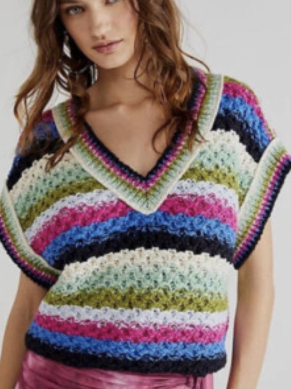Free People Multicolor Striped V-Neck Crochet Sweater